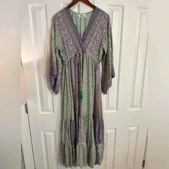 Bigg Bull by Cam Kimono Maxi Dess Green and Purple Metallic one size Silk blend - Picture 1 of 13